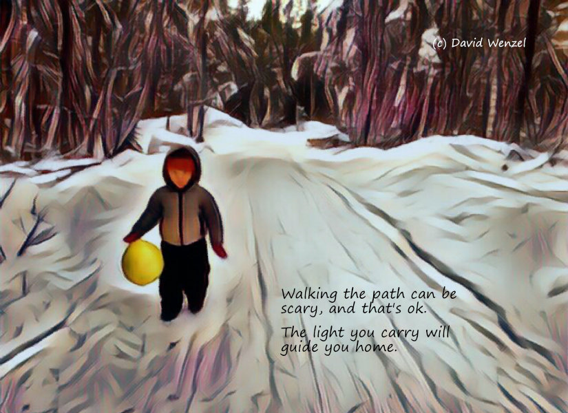 child holding bright lantern walking through dark woods